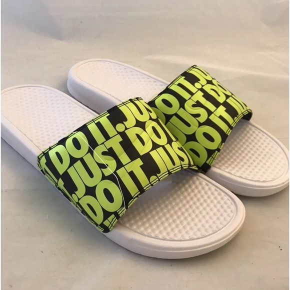 Nike Benassi JDI Print Just Do It Men’s Slides Slippers White Volt- Black 13 - Picture 3 of 12